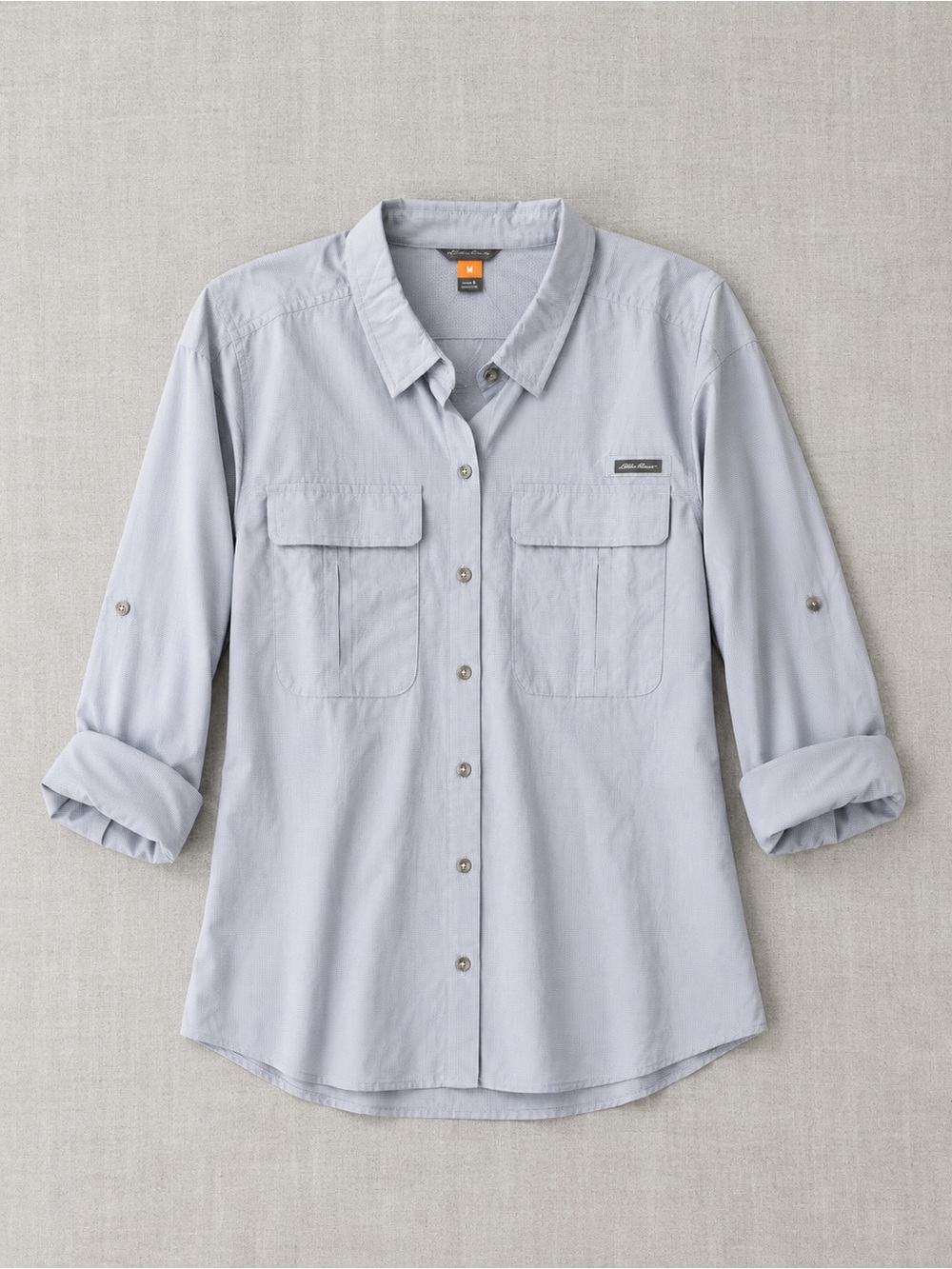 Eddie Bauer Grey Button-Up Shirt with Subtle Blue Check